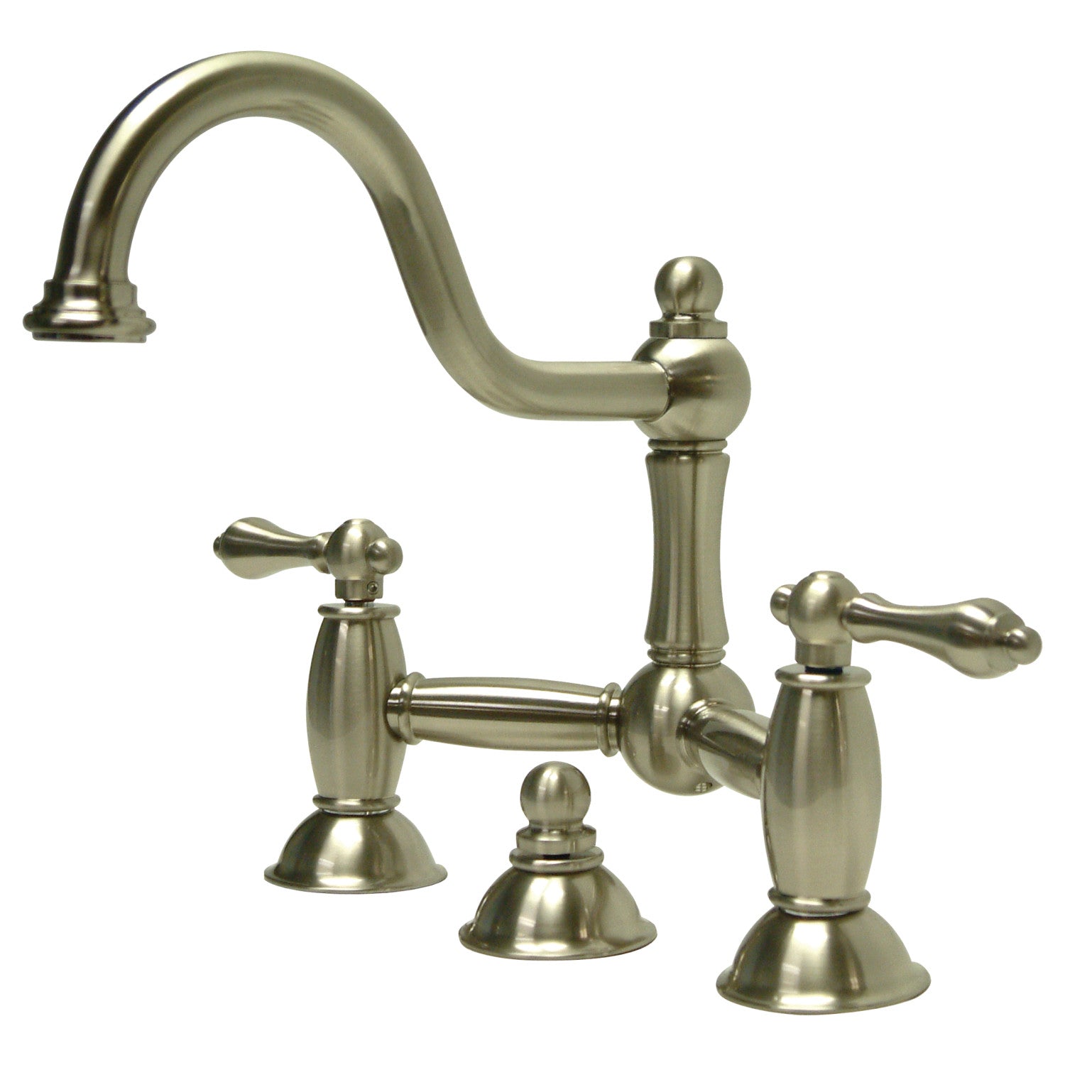 Kingston Heirloom KS3918AL - Restoration Two-Handle 3-Hole Deck Mount Bridge Bathroom Faucet with Brass Pop-Up, Brushed Nickel — image 1
